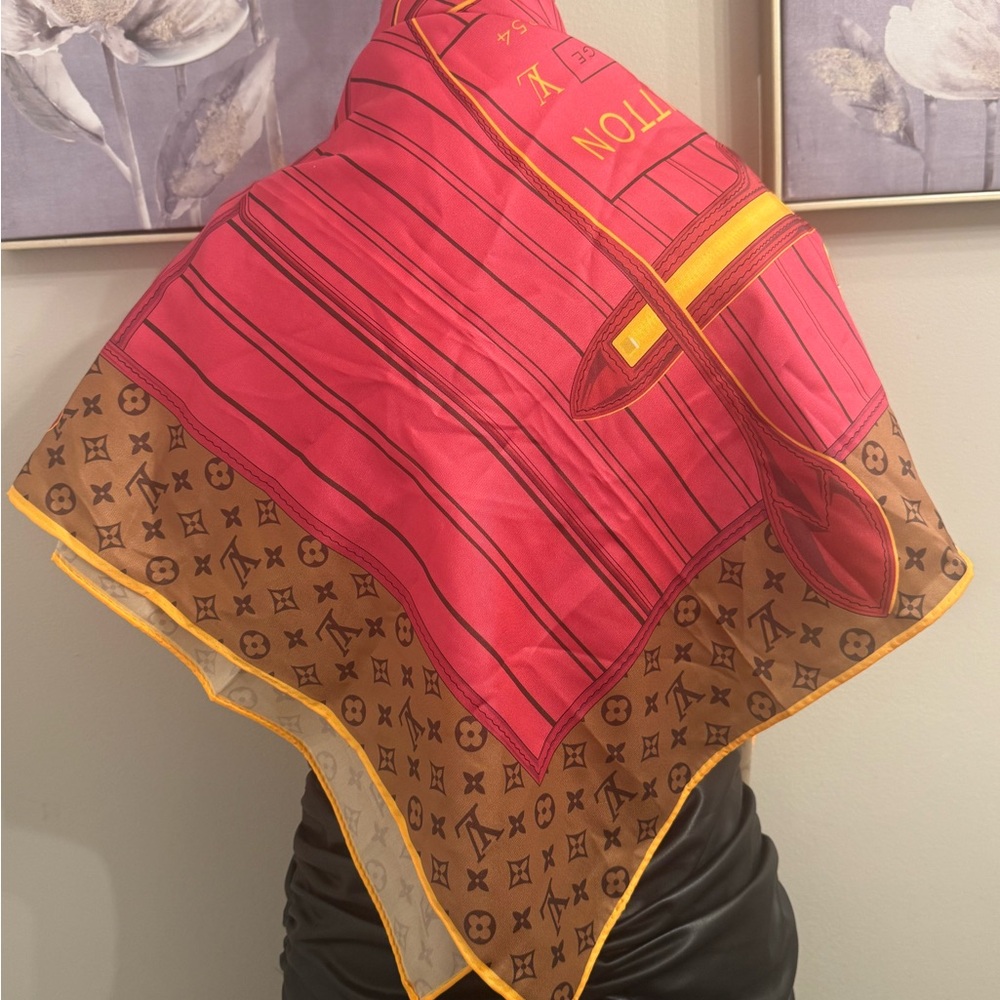 Luxury designer Pink Brown and yellow 100% Silk Scarf necktie wrap 34x34 NEW